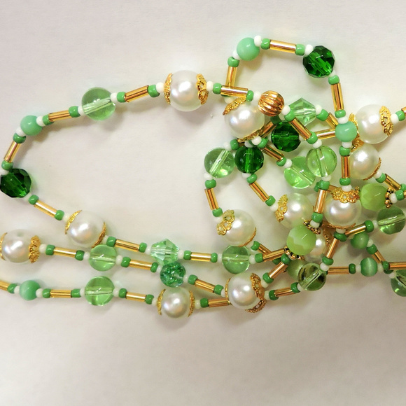 Green, White & Gold Necklace 38" long, never worn, OOAK handcrafted jewelry - Picture 3 of 9